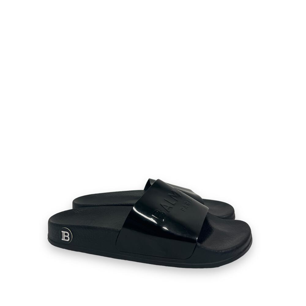 BALMAIN Black Calypso Embossed Patent Leather Logo Flats Slides Size 36 US 6 - Picture 4 of 8